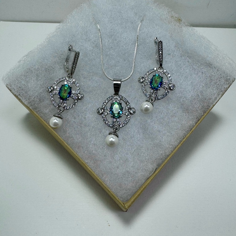 Elegant Silver and Blue Mystic Topaz Jewelry Set with Pearls - Picture 2 of 2